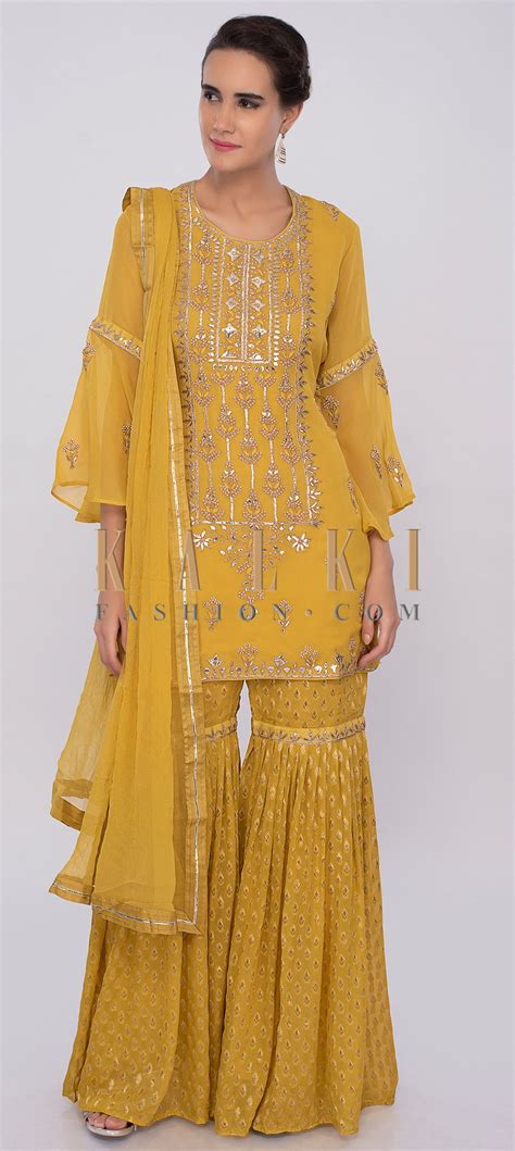 Royal Yellow Sharara Suit Set In Georgette With Embroidery Online