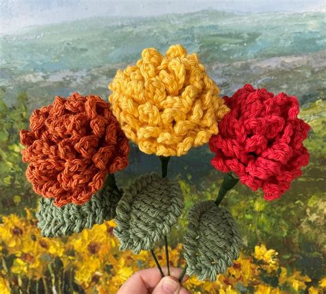 Crocheted Mums Set Of 3 Chrysanthemums Bouquet Flower Crocheted