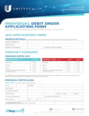 Fillable Online Individual Debit Order Application Form Unity Health