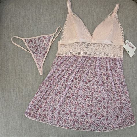 Jessica Simpson Pink Floral Lace Babydoll Lingerie Set Size L NWT