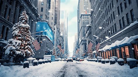 Famous Wall Street In New York City Christmas Time Snow Winter Blue