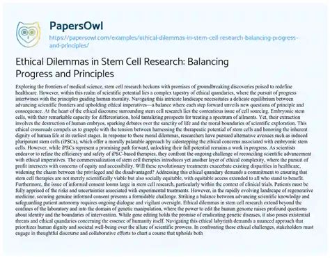 Ethical Dilemmas In Stem Cell Research Balancing Progress And Principles Free Essay Example