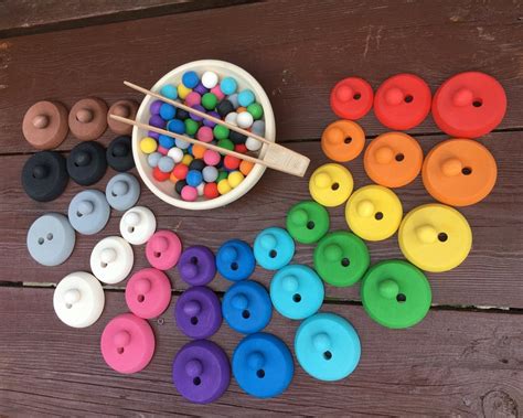 Montessori Materials Wooden Buttons For Color Sorting Lacing Etsy