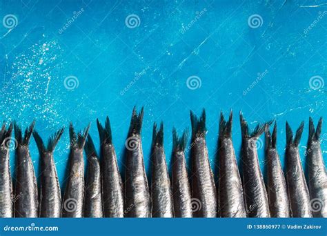 Seafood Small Sea Fish Anchovies Top View Fish Pattern Stock Image