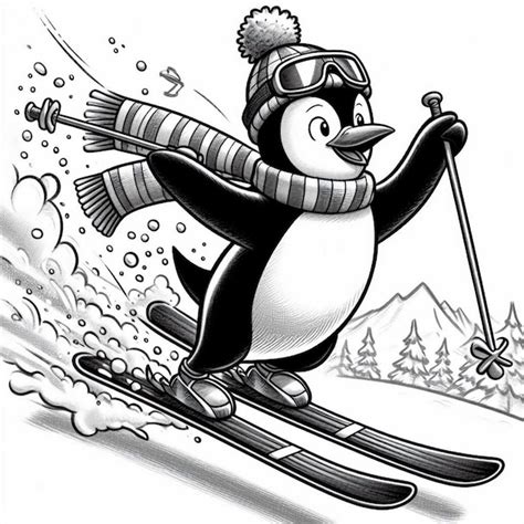 Premium Vector Penguin Black And White Skiing Isolated Illustration