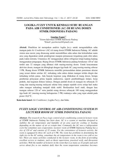 Logika Fuzzy Untuk Kendali Suhu Ruangan Pada Air Conditioner Ac Di