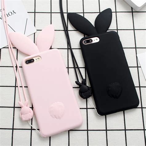 New Cute Bunny Pink Rabbit Ears With Rabbit Strap Soft Silicon Phone