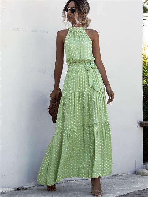 Buy Urbanic Green And White Polka Dots Print Tiered Maxi Dress Dresses