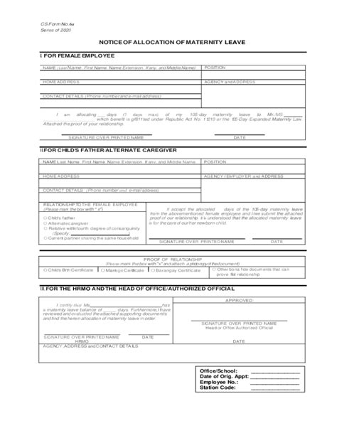 Fillable Online Notice Of Allocation For Maternity Leave Cs Form No 6a Fax Email Print