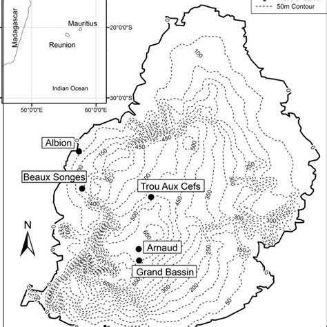 Map of Mauritius showing the location of rainfall stations. | Download ...