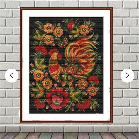 Roosters Pdf Counted Cross Stitch Pattern Folk Digital Cross Etsy In