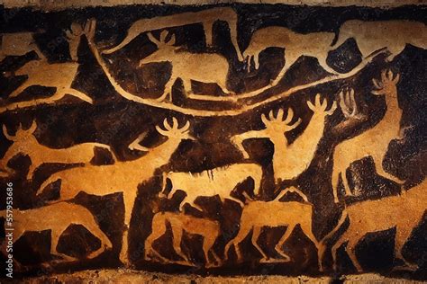 Prehistorical Cave Paintings Of Hunting Scene With Deers And Horses And