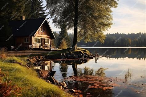 Premium AI Image | a cabin by the lake with a log cabin in the background.