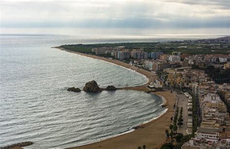 Sandy Beach and Embankment of the City of Blanes in Cloudy Weather ...