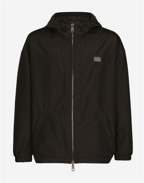 Nylon jacket with hood and branded tag in Black for Men | Dolce&Gabbana®