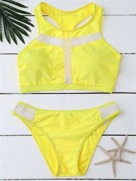 17 OFF 2021 Mesh Insert High Neck Racerback Sporty Bikini In YELLOW