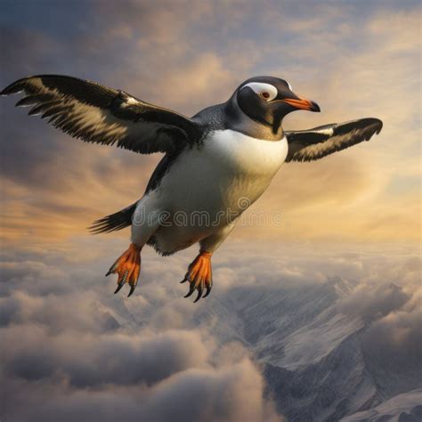 hyperrealistic penguin flying  cloudy atlantic ocean stock