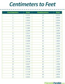 Cm To Feet Conversion Chart Printable