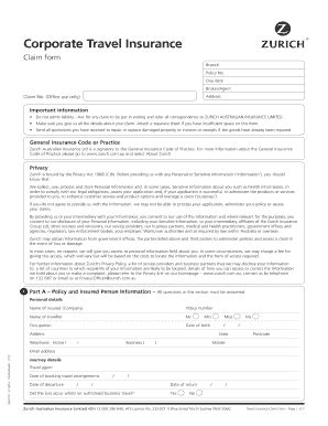 Fillable Online Corporate Travel Insurance Claim Form Zurich Fax