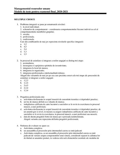 MRU Modele DE Teste Examen Final Managementul Resurselor Umane Modele