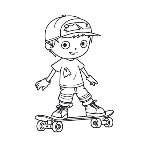 Dibujo De Niño Dibujos Animados En Una Patineta Para Colorear Páginas Esbozar Vector Png