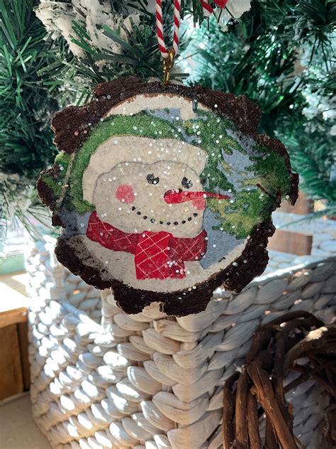 Christmas Wooden Slice Rustic Ornament Snowman Etsy