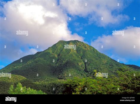 Mount Nevis peak, Caribbean, green volcano crater, clear day, blue sky ...