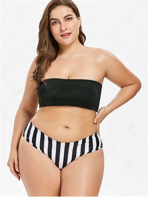 Off Strapless Plus Size Striped Bikini In Black Zaful