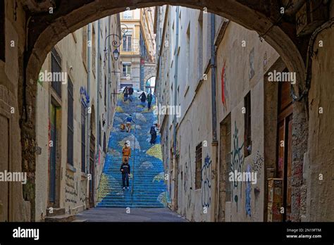 lyon france february   painted stairs  passage mermet