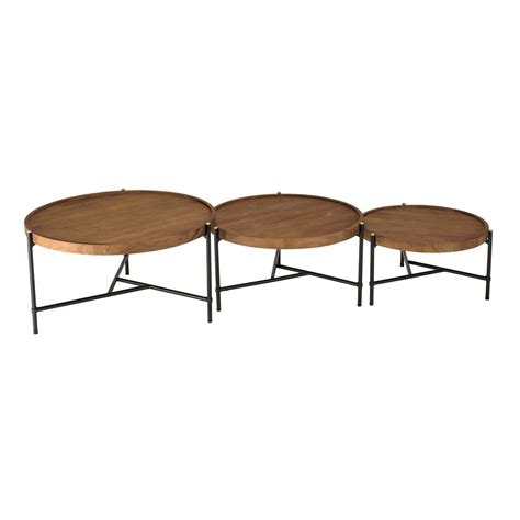 Lot de 3 tables basses rondes en teck recyclé et acier APPOLINE