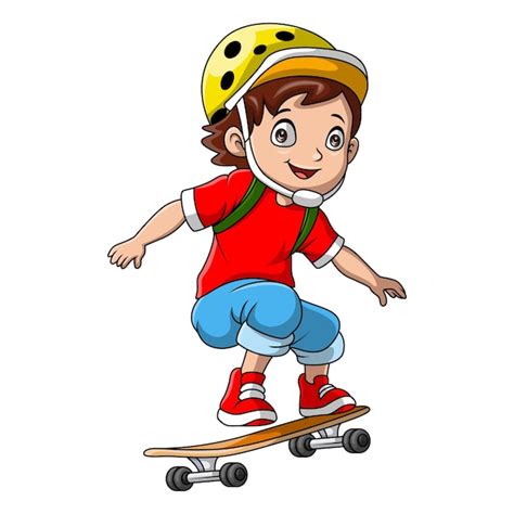 Um Menino Bonito De Desenho Animado A Brincar De Skate Vetor Premium