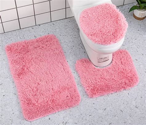 Hiquay Pink Bathroom Rugs Sets Piece Solid Color Toilet Seat Cover