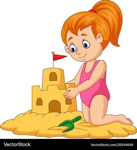 Cartoon happy girl making sand castle Royalty Free Vector