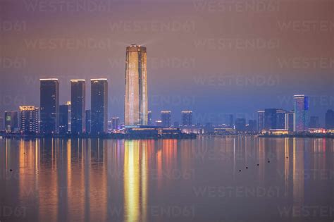 View of Yixing City at night, Jiangsu province, China, Asia stock photo