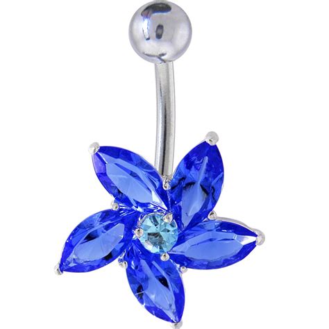 Sterling Silver 925 Sapphire Blue Cubic Zirconia Solo Flower Swirl Belly Ring Belly Rings