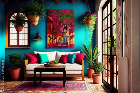 Traditional Mexican living room and patio interior with bright colors ...