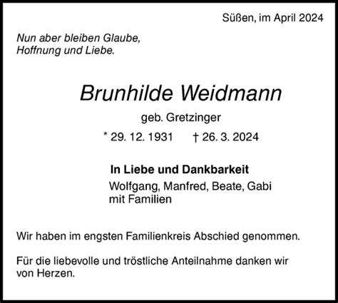 Traueranzeigen Von Brunhilde Weidmann S Dwest Presse Trauer