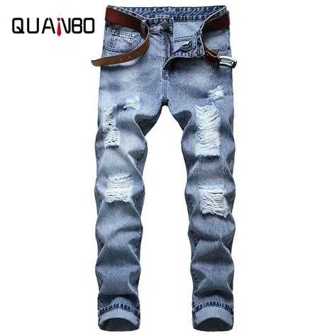 2021 Mens Ripped Distressed Destroyed Slim Fit Straight Leg Denim Jeans Fashion Streetwear Men