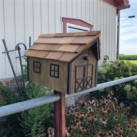 Wooden Amish Barn Mailbox Cedar Roof Unique Rustic Outdoor Etsy