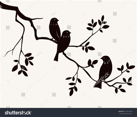 Vector Silhouette Of Spring Birds Sitting On Twig Of Tree Decorative