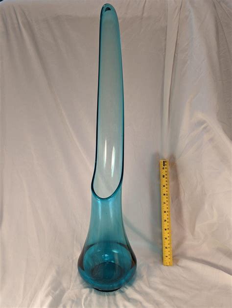 Vintage Mid Century Hand Blown Glass Tall Swung Vase Blue 4554426209