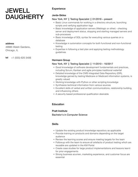 testing specialist resume samples velvet jobs