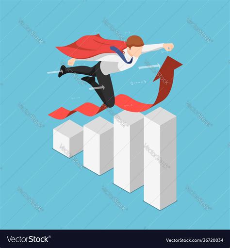 Isometric Super Businessman Flying Over Growing Vector Image