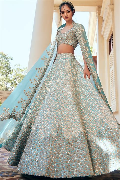 Blue Raw Silk Embroidered Lehenga Set Design By Mrunalini Rao At Pernia S Pop Up Shop 2024