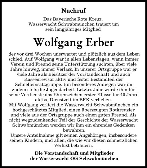 Traueranzeigen Von Wolfgang Erber Augsburger Allgemeine Zeitung