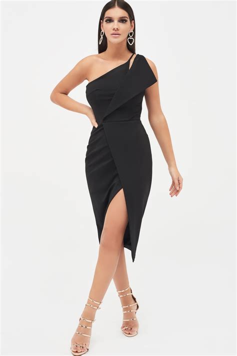 Buy One Shoulder Black Dress Midi Cheap Online