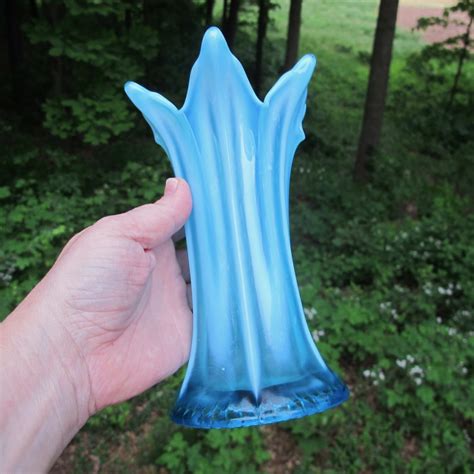 Antique Dugan Blue Opal Thin Rib Opalescent Glass Squat Vase Carnival