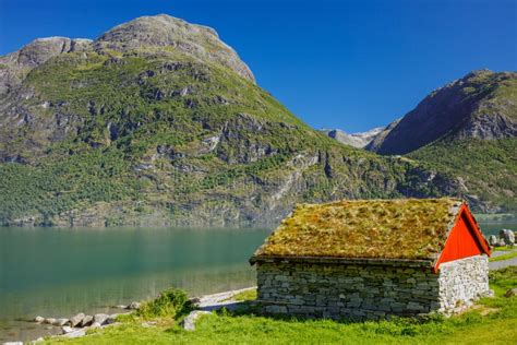 National Norwegian Small House With A Grass On A Roof Stock Image