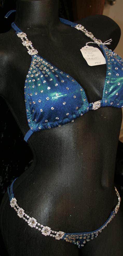 Style Teal Blue Metallic Competition Bikini With Rhinestone