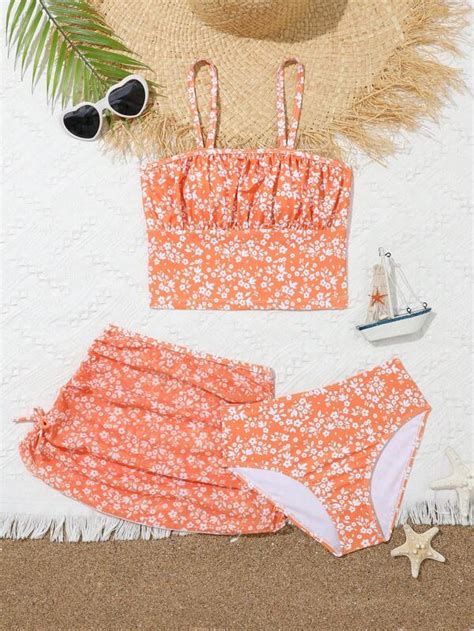 Girls Ditsy Floral Print Bikini Swimsuit With Beach Skirt SHEIN USA